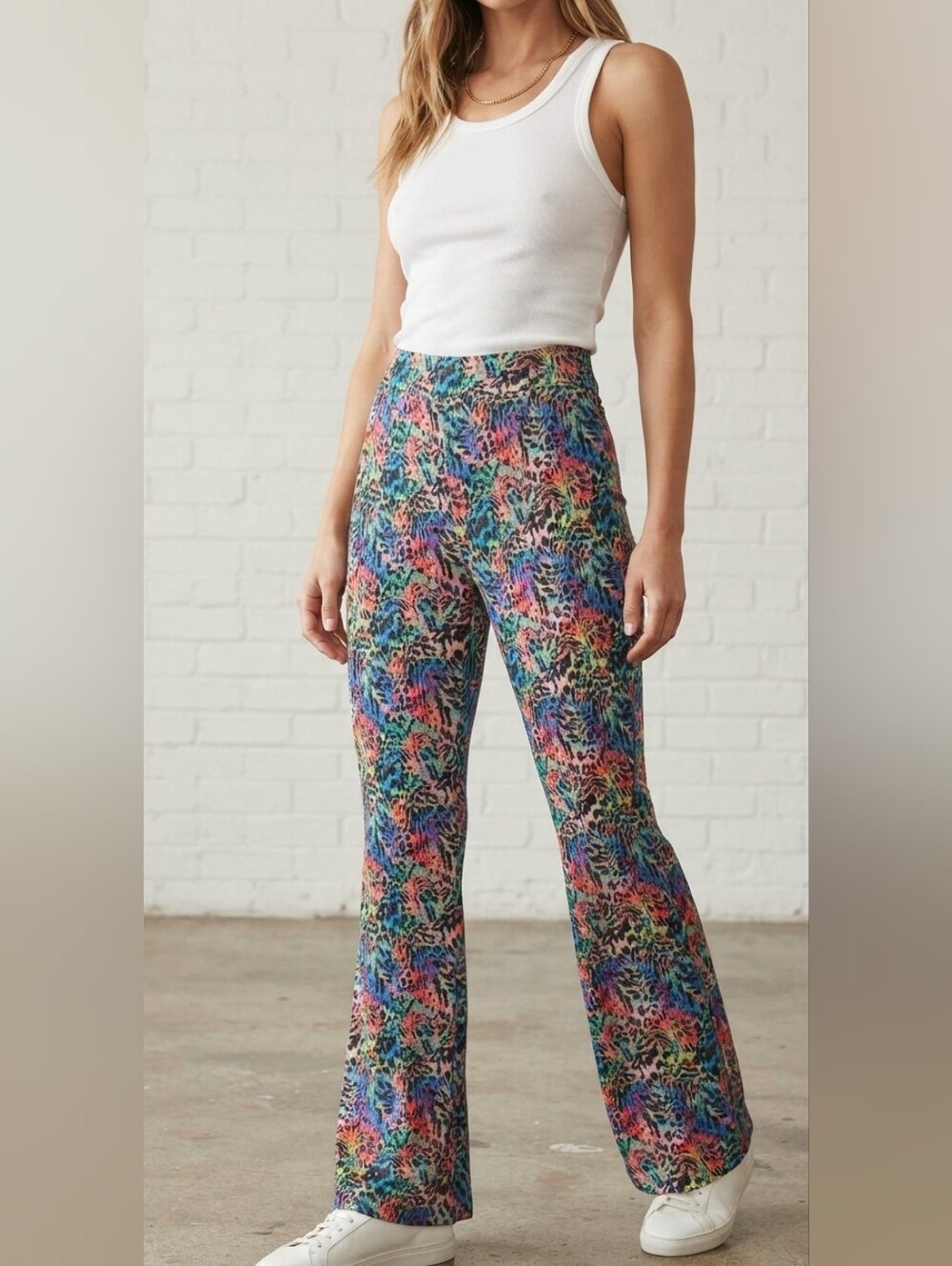 NWT Cider Colorful Abstract Leopard High Rise Flare Pants S